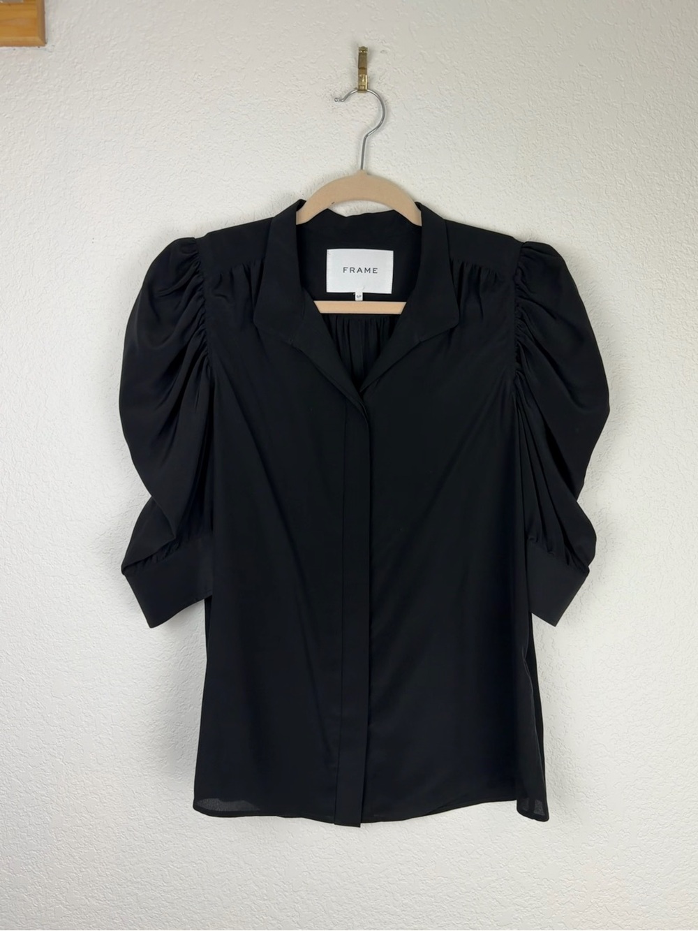 Frame Gillian Puff Sleeve Silk Top 3/4 Sleeve Button Up Black Small - Picture 6 of 15
